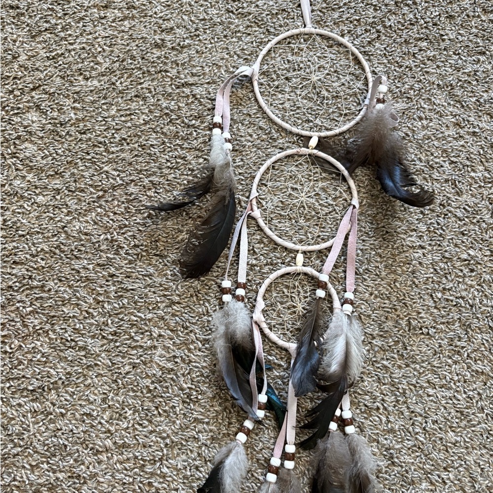 Boho Triple Hoop Dreamcatcher with Feathers - Neutral Tones